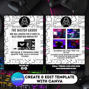 Puede incluir: Un folleto promocional para un servicio de PC para juegos, con un diseño en blanco y negro con iconos de juegos. El texto dice "The Master Gamer" y ofrece presupuestos personalizados para torres de juegos. Incluye información de contacto y enlaces a redes sociales.