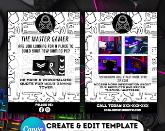Editable Gaming PC Store Flyer Template, Custom Build Shop Promo Printable, Computer Repair Canva Design, RGB Aesthetic Tech Business Ad