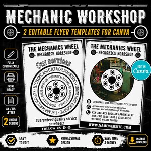 Puede incluir: Dos plantillas de folletos blancas para un taller mecánico con texto y gráficos en negro. Los diseños incluyen el título THE MECHANICS WHEEL, una lista de servicios, información de contacto y espacios para la dirección y el sitio web.