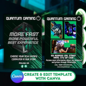 May include: A promotional graphic for Quantum Gaming, featuring a dark green and black color scheme. The design includes text promoting gaming computers, with the phrases "More Fast, More Powerful, Best Experience." It also includes social media icons and contact information.