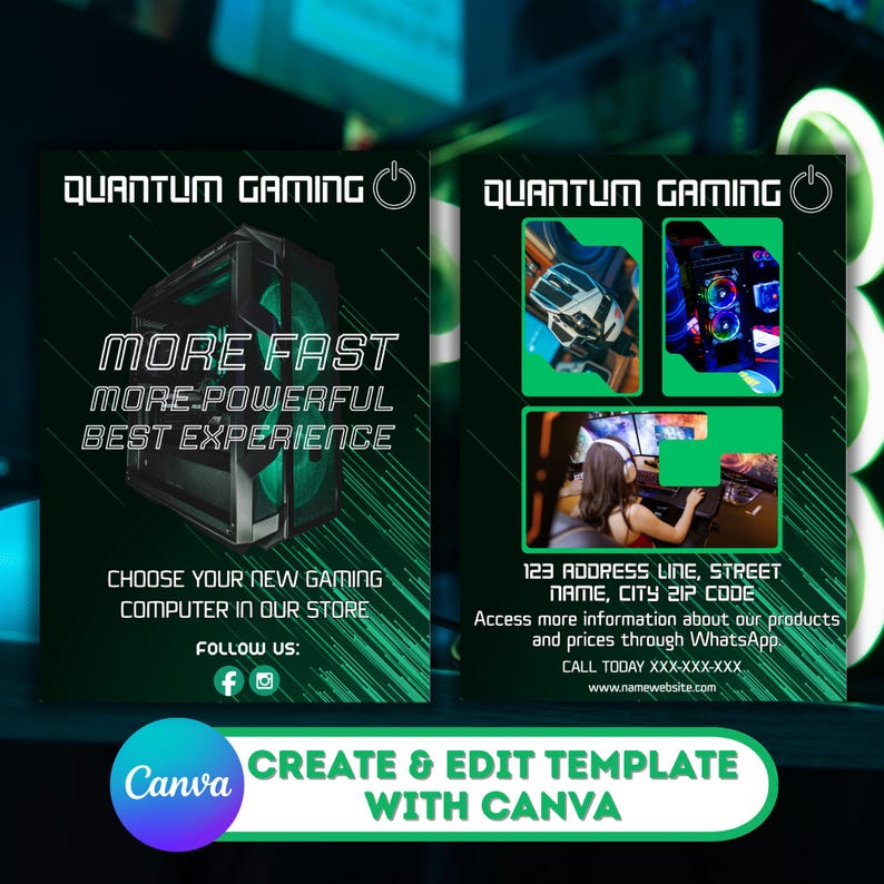 May include: A promotional graphic for Quantum Gaming, featuring a dark green and black color scheme. The design includes text promoting gaming computers, with the phrases "More Fast, More Powerful, Best Experience." It also includes social media icons and contact information.