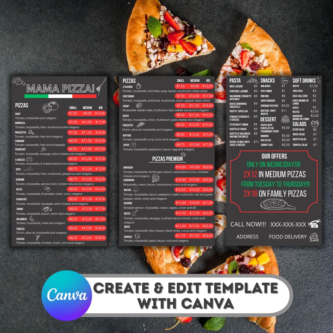 Editable Pizza Menu.pdf Pizza Menu Templates Canva/menu Pizzas/pizza Menu Template/editable ...