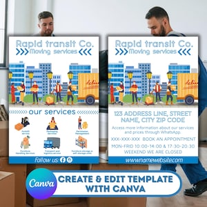 Puede incluir: Dos carteles para un servicio de mudanzas, con ilustraciones de camiones de mudanzas, trabajadores y paisajes urbanos. Los carteles incluyen el nombre de la empresa, los detalles del servicio, la información de contacto y un llamado a la acción para crear y editar la plantilla con Canva.