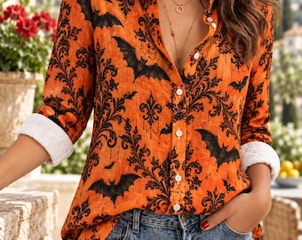 Orange Bat Button Down Shirt Women | Gothic Damask Blouse | Spooky Halloween Shirt | Victorian Vampire Top | Casual Long Sleeve Blouse