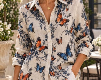 Vintage Butterfly Blouse Shirt, Boho Button Down Shirt, Women Floral Top, Monarch Butterfly Shirt, Nature Lover Gift