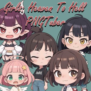 Puede incluir: Ilustración de cinco personajes de estilo anime con diversos colores de cabello y expresiones. Los personajes están sobre un fondo turquesa, con el texto "Girls: Heaven To Hell PNGTuber" en la parte superior. Los personajes tienen diferentes accesorios.