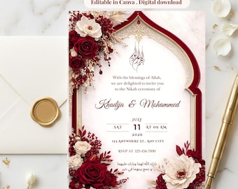 Op de afbeelding: Een huwelijksuitnodiging met een bloemmotief. De uitnodiging heeft een bordeauxrood en goudkleurig boogontwerp met de namen Khadija & Mohammed. De datum is 11 juli 2026. Een witte envelop met een gouden zegel staat links.
