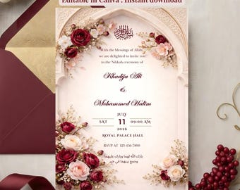 Editable Nikkah Invitation Canva Template, Islamic Wedding Invite Muslim elegant Burgundy & Gold Floral card