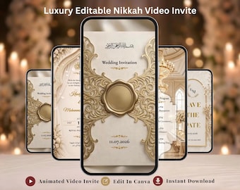Animated Nikkah Invitation Video Editable Canva Template, Gold Islamic Wedding Mobile Evite Instant Download