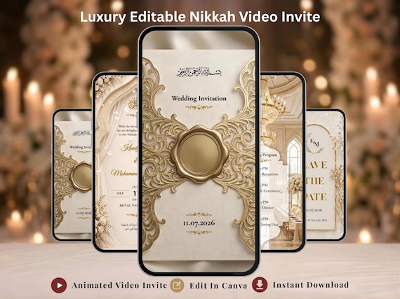 Animated Nikkah Invitation Video Editable Canva Template, Gold Islamic Wedding Mobile Evite Instant Download