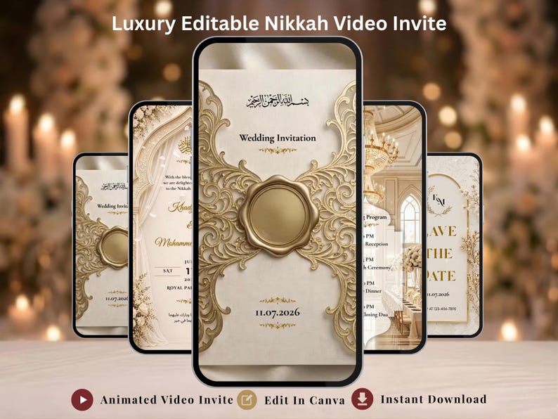 May include: A digital wedding invitation displayed on smartphones. The design features ornate gold filigree and a central seal. The text reads "Wedding Invitation" and "11.07.2026". Additional screens show event details and a "Save the Date" message. The words "Luxury Editable Nikkah Video Invite" are at the top.