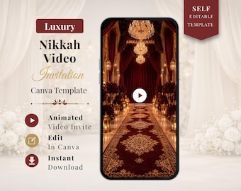 Luxury Moroccan Nikkah Video Invitation, Animated Canva Template, Burgundy Islamic Wedding Mobile Evite