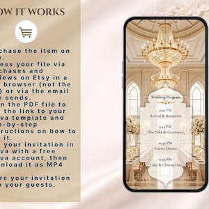 May include: A smartphone displays a wedding program template with a grand hall interior design. The program includes times for the arrival, ceremony, dinner, and cake. Instructions on how to purchase and edit the template are also shown.