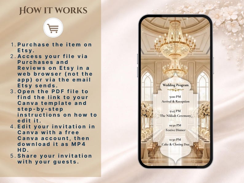 May include: A smartphone displays a wedding program template with a grand hall interior design. The program includes times for the arrival, ceremony, dinner, and cake. Instructions on how to purchase and edit the template are also shown.