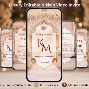 Luxury Animated Nikkah Video Invitation, Ivory Floral Islamic Wedding Mobile E-invite, Digital Canva Template