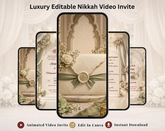 Luxury Animated Nikkah Video Invitation, Editable Canva Template, Sage Green Muslim Wedding Evite