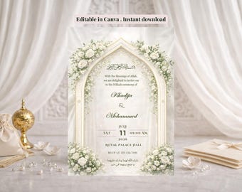 Elegant Green Nikkah Invitation Canva Template, Floral Muslim Wedding Invite Walima Shaadi Digital Download