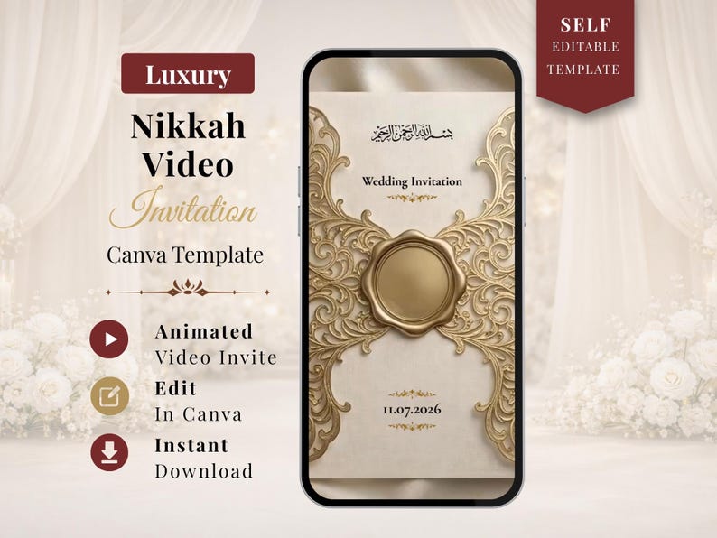 May include: A digital wedding invitation template displayed on a smartphone screen. The design features ornate gold filigree, a gold seal, and the text "Wedding Invitation." The template is for a Nikkah video invitation, editable in Canva.