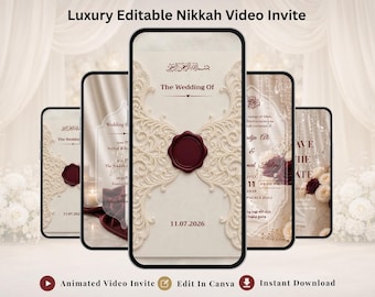 Animierte muslimische Nikkah-Video-Einladung, bearbeitbare Canva-Vorlage, Elfenbein- und Burgunder-Islamische Hochzeitsmobile Evite