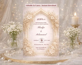 Elegant Islamic Wedding Invitation,Editable Digital Floral Nikkah Invite, Instant Download Canva Template