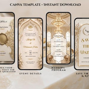 May include: Four smartphone screens displaying wedding invitation templates. The designs feature gold and cream colors with floral accents. Text includes "Wedding Invitation", "Event Details", "Wedding Program", and "Save the Date & RSVP". The top text reads "CANVA TEMPLATE &bull; INSTANT DOWNLOAD".