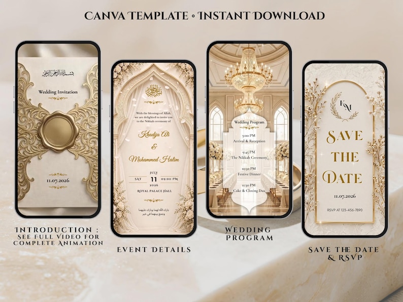 May include: Four smartphone screens displaying wedding invitation templates. The designs feature gold and cream colors with floral accents. Text includes "Wedding Invitation", "Event Details", "Wedding Program", and "Save the Date & RSVP". The top text reads "CANVA TEMPLATE &bull; INSTANT DOWNLOAD".