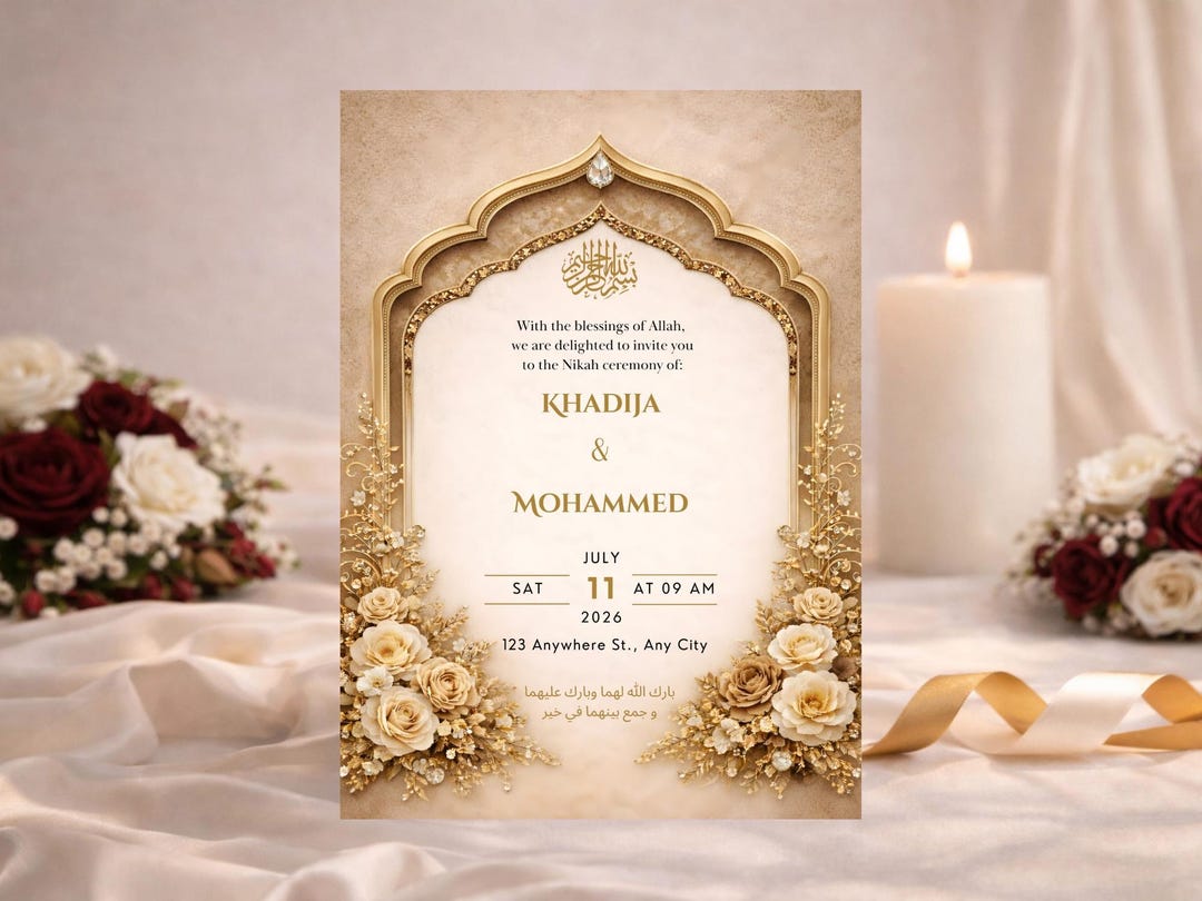 Editable Islamic Wedding Invitation Template, Beige & Soft Brown Nikah ...