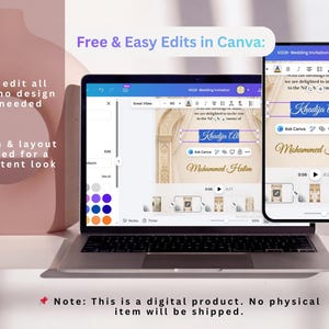 May include: A laptop and smartphone displaying a wedding invitation template with the text "Free & Easy Edits in Canva". The laptop screen shows the design interface, and the phone shows a preview. The text "Khadija Ali" and "Mohammed Halim" are visible.