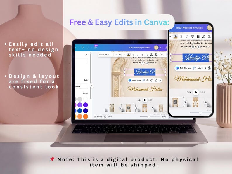 May include: A laptop and smartphone displaying a wedding invitation template with the text "Free & Easy Edits in Canva". The laptop screen shows the design interface, and the phone shows a preview. The text "Khadija Ali" and "Mohammed Halim" are visible.