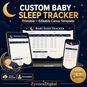 Op de afbeelding: Een digitaal slaaptracker-sjabloon voor baby's weergegeven op een laptop, tablet en smartphone. Het ontwerp heeft een donkerblauwe achtergrond met gouden maan- en steraccenten. De tracker bevat kolommen voor slaap, voeding en luiers.