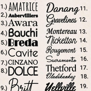 May include: A beige background displays a list of script fonts. The text "Script Font" is at the top. Below are 19 font names, including "Amatrice", "Danang", "Britt", and "Yellville", each in a different style.