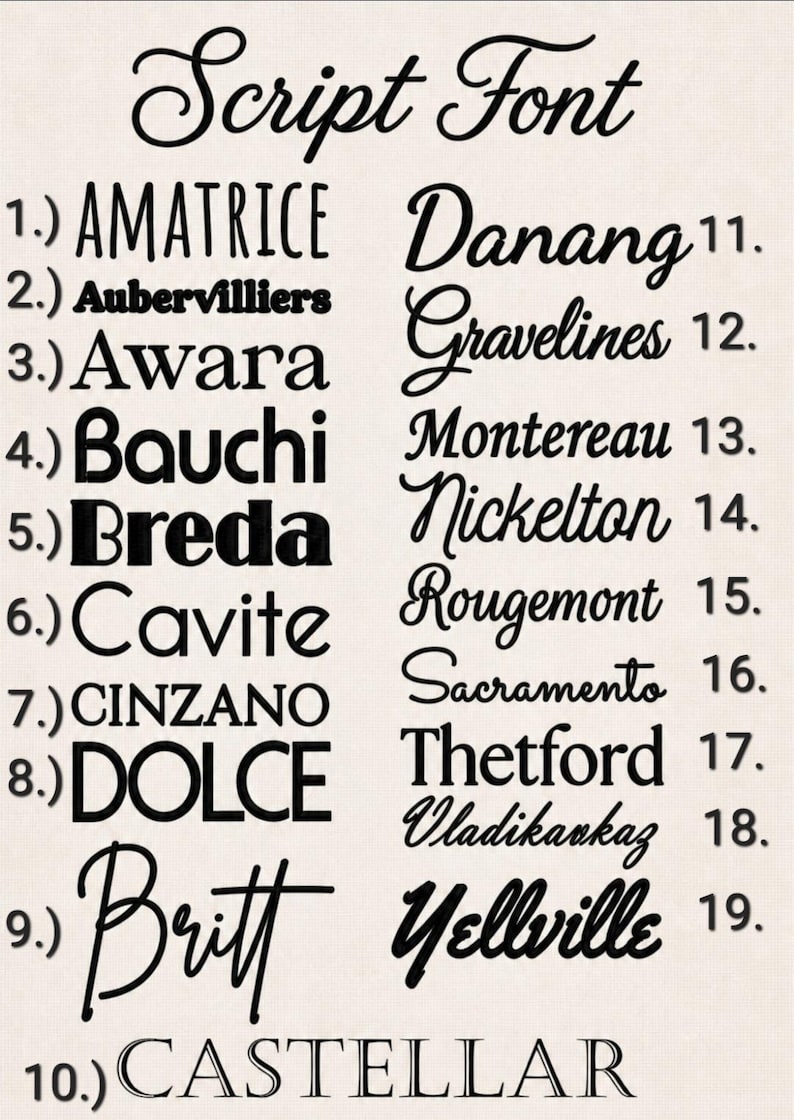 May include: A beige background displays a list of script fonts. The text "Script Font" is at the top. Below are 19 font names, including "Amatrice", "Danang", "Britt", and "Yellville", each in a different style.