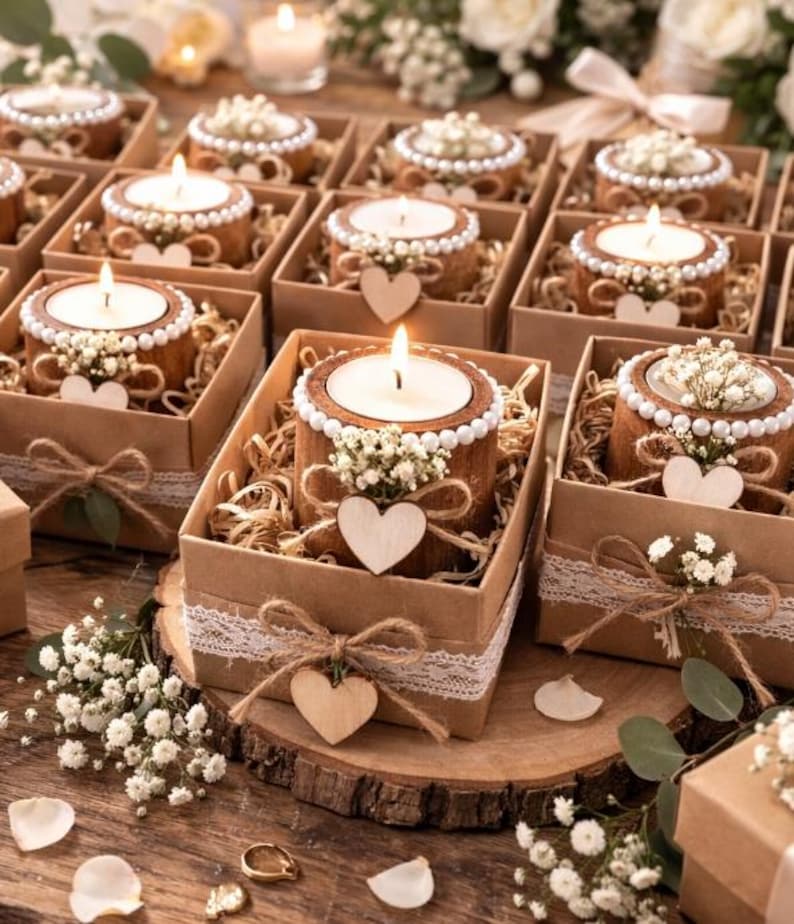 May include: A collection of lit candles in decorative wooden holders, each nestled in a small cardboard box. The candles are surrounded by white pearls and small white flowers, with a wooden heart and twine bow. The boxes are arranged on a wooden surface.