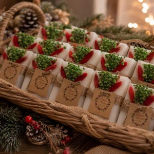 May include: A collection of rectangular white soap bars arranged in a woven wicker basket. Each bar is decorated with dried green foliage and red grass plumes, secured with twine and a small brown paper tag printed with the text Merry Christmas.