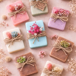 May include: A selection of rectangular soaps in shades like pink, blue, and brown, decorated with dried flowers and tied with twine. The soaps are arranged on a pale pink surface, creating an attractive display.