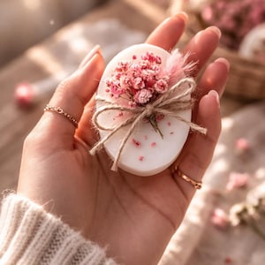 Puede incluir: Pastilla de jabón ovalada blanca decorada con flores rosas y un lazo de cuerda. El jabón se sostiene en una mano, con un fondo suave y borroso. El jabón está adornado con pequeñas flores rosas y una pluma, creando una estética delicada y natural.