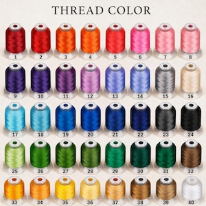 May include: A color chart of 40 thread spools, each with a different color. The spools are arranged in rows and columns, with the text "THREAD COLOR" at the top. Colors include red, orange, pink, purple, blue, green, yellow, brown, and black.