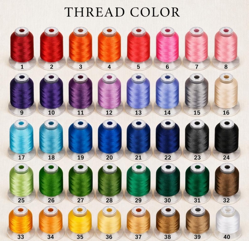 May include: A color chart of 40 thread spools, each with a different color. The spools are arranged in rows and columns, with the text "THREAD COLOR" at the top. Colors include red, orange, pink, purple, blue, green, yellow, brown, and black.