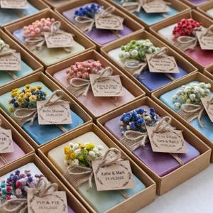 Gepersonaliseerde huwelijkszeepgunsten, veganistische minizeep, bruiloftsgastzeep, gunsten vrijgezellenfeest, babyshowercadeaus, handgemaakt, cadeau-idee voor doop