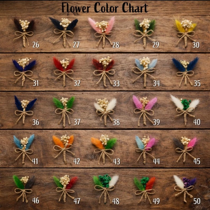 May include: A wooden surface displays a 'Flower Color Chart' with 25 small, decorative flower arrangements. Each arrangement features a central cluster of small, dried flowers and colorful accents, tied with twine. Numbers 26-50 are below each arrangement.