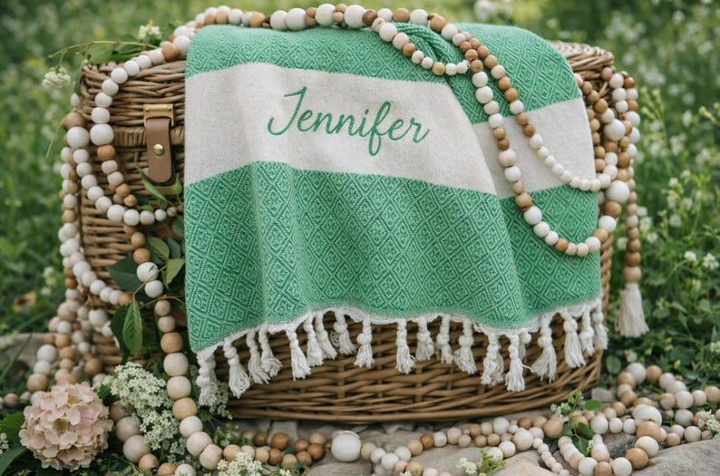 May include: A green and white striped blanket with the name "Jennifer" embroidered on it, resting on a wicker basket. The blanket has a diamond pattern and white fringe. Wooden bead garlands and flowers surround the basket.