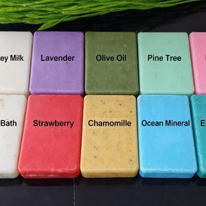 May include: Ten rectangular soaps in a variety of colours, each labelled with a different scent. Scents include Donkey Milk, Lavender, Olive Oil, Pine Tree, Rose, Turkish Bath, Strawberry, Chamomile, Ocean Mineral, and Eucalyptus.