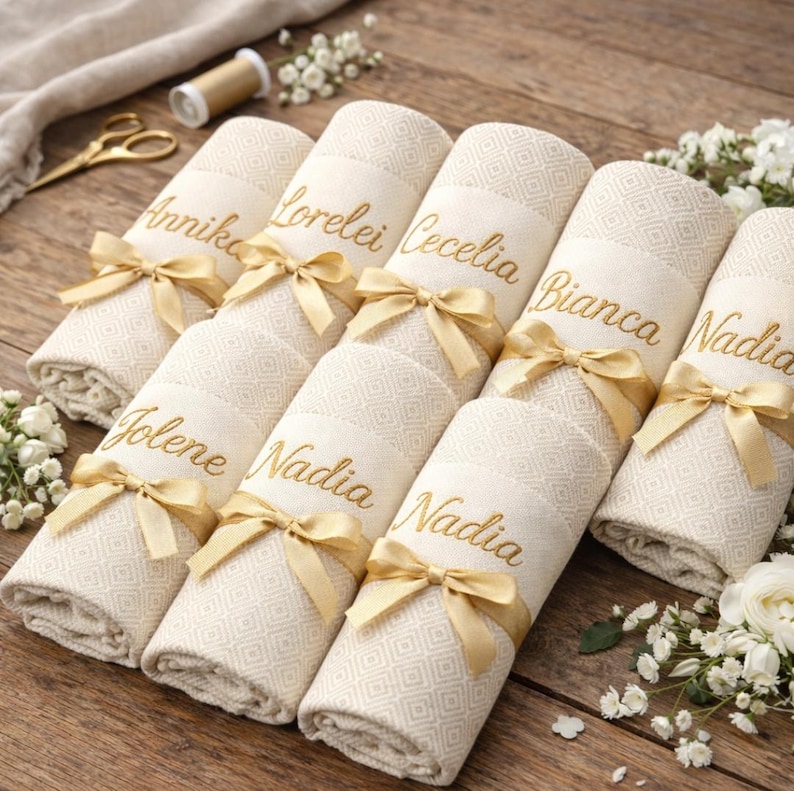 May include: Rolled cream-colored towels with gold embroidered names and matching gold ribbon bows. The towels have a geometric pattern and are arranged on a wooden surface, with floral accents and sewing supplies in the background.
