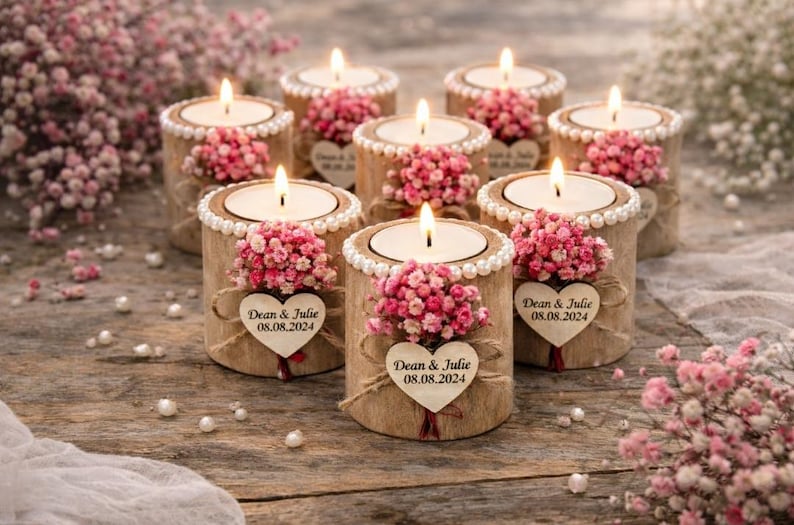 Personalized Wedding Candle Favor,Wedding Favors for Guest in Bulk Rustic Wooden Tealight holder, Bridal Shower Favors,Rustic Wedding decor image 4