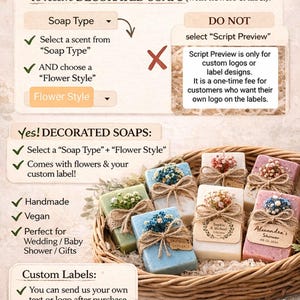 May include: Image of decorated soaps with flowers and labels, displayed in a woven basket. The soaps are handmade, vegan, and suitable for weddings and baby showers. The image includes instructions on how to order custom soaps.