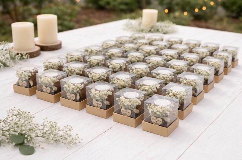 May include: Arrangement of small, square gift boxes with clear tops, each containing a white candle and a small bouquet of white flowers. The boxes are on a white wooden surface, with two larger candles in the background.
