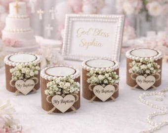 Personalized Baptism Candle Favor,First Communion gift for Guest in Bulk, Rustic Wooden Tealight holder, Relgious keepsake, Christening gift