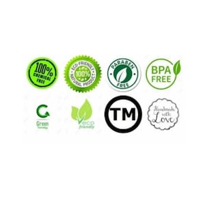 May include: A selection of green and white product labels, including circular designs with text. The labels state "100% Chemical Free", "Eco-Friendly", "Paraben Free", and "BPA Free". Other labels feature the words "Green", "eco friendly", and "Handmade with Love".