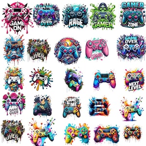 Könnte beinhalten: Eine Sammlung farbenfroher, stilisierter Illustrationen von Videospiel-Controllern. Jedes Controller-Design weist lebendige Farben und künstlerische Spritzeffekte auf, mit Texten wie "Game On", "Game Over" und "Next Level".