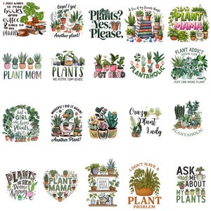 Peut inclure: Plusieurs motifs graphiques sur le thème des plantes sur fond blanc. Les motifs comportent des textes tels que "Plant Mama", "Plant Addict" et "Plants? Yes, Please". Diverses illustrations de plantes et de pots sont incluses.